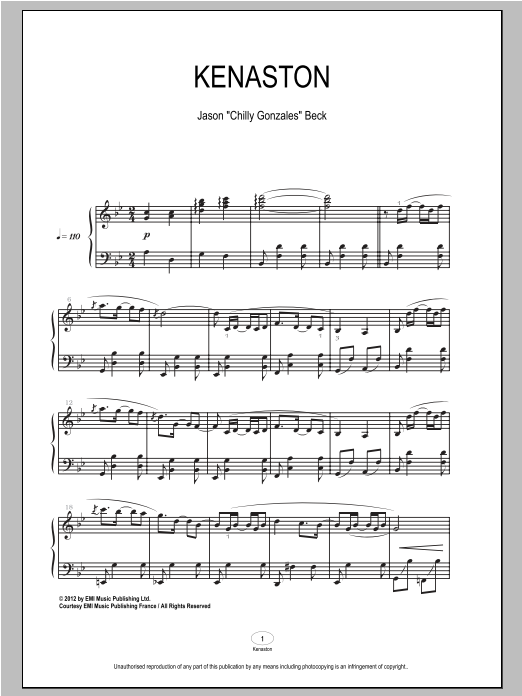 Chilly Gonzales Kenaston Sheet Music Notes & Chords for Piano - Download or Print PDF