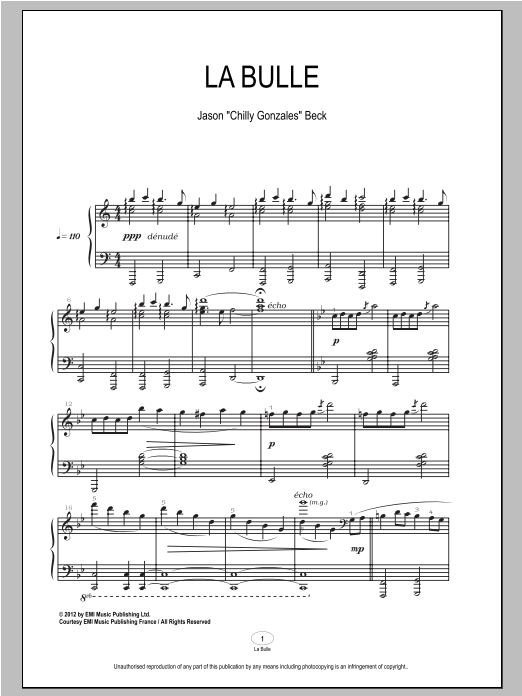 Chilly Gonzales La Bulle Sheet Music Notes & Chords for Piano - Download or Print PDF