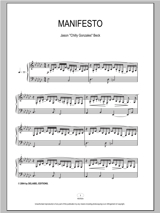 Chilly Gonzales Manifesto Sheet Music Notes & Chords for Piano - Download or Print PDF