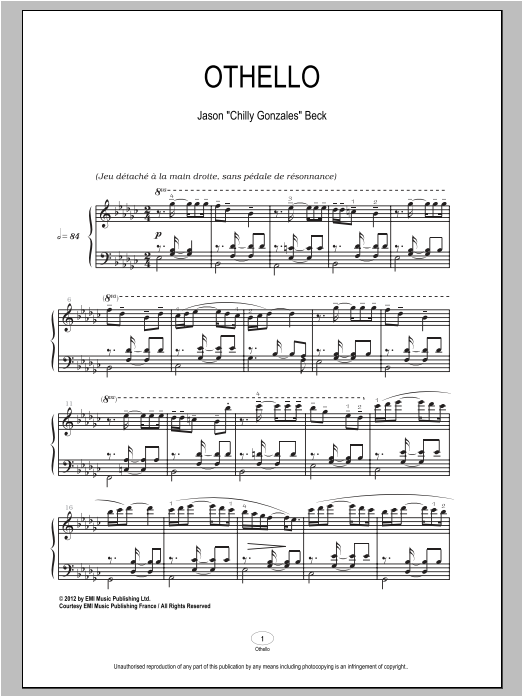 Chilly Gonzales Othello Sheet Music Notes & Chords for Piano - Download or Print PDF