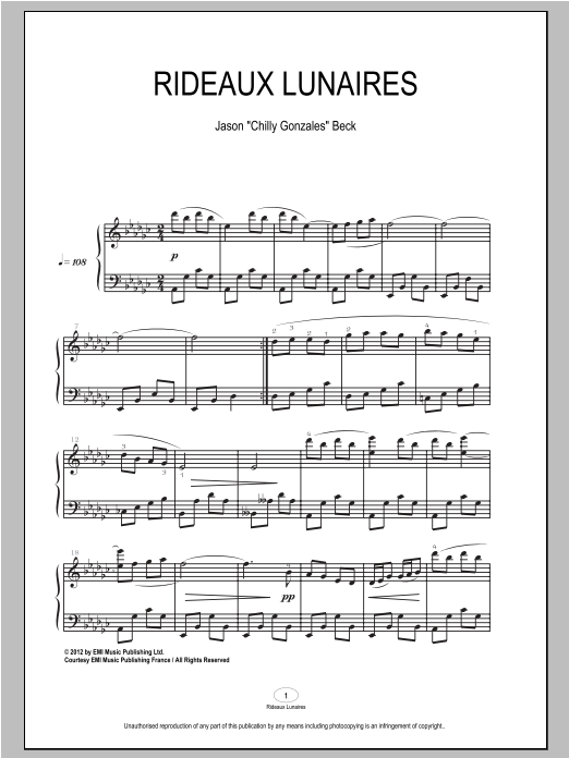 Chilly Gonzales Rideaux Lunaires Sheet Music Notes & Chords for Piano - Download or Print PDF