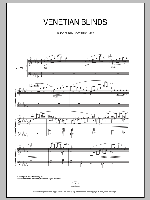Chilly Gonzales Venetian Blinds Sheet Music Notes & Chords for Piano - Download or Print PDF