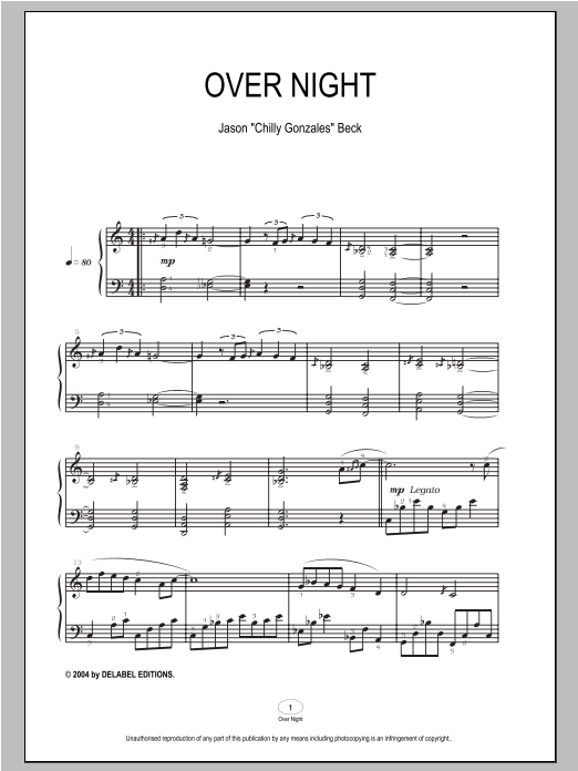 Preview Chilly Gonzales Over Night Pop sheet music, notes and chords for Piano, SKU: 93917 Over Night sheet music