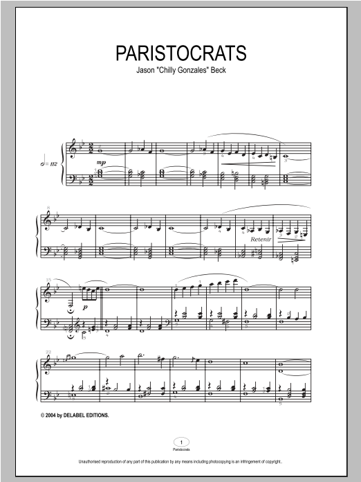 Preview Chilly Gonzales Paristocrats Pop sheet music, notes and chords for Piano, SKU: 93906 Paristocrats sheet music