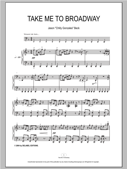 Preview Chilly Gonzales Take Me To Broadway Pop sheet music, notes and chords for Piano, SKU: 93904 Take Me To Broadway sheet music