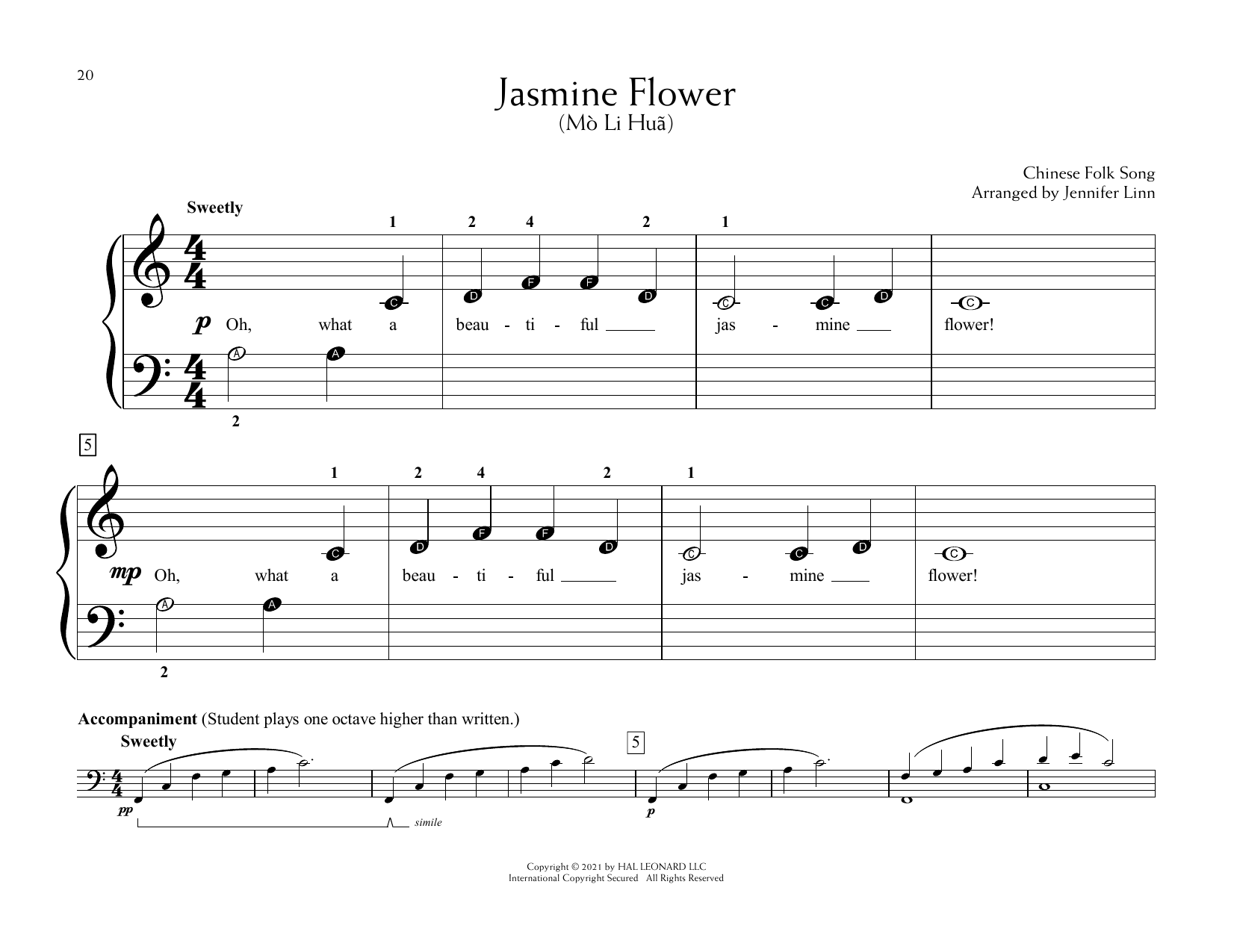 Chinese Folk Song Jasmine Flower (Mò Li Huã) (arr. Jennifer Linn) Sheet Music Notes & Chords for Educational Piano - Download or Print PDF