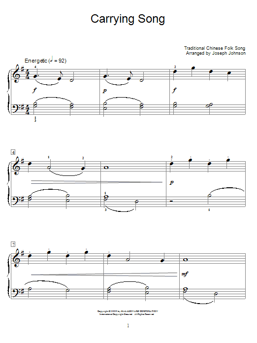 Chinese Folksong Carrying Song Sheet Music Notes & Chords for Educational Piano - Download or Print PDF