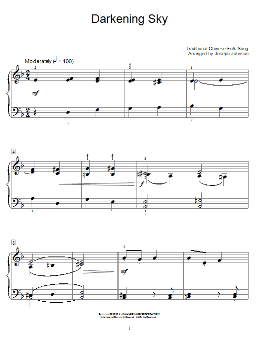 Chinese Folksong Darkening Sky Sheet Music Notes & Chords for Educational Piano - Download or Print PDF