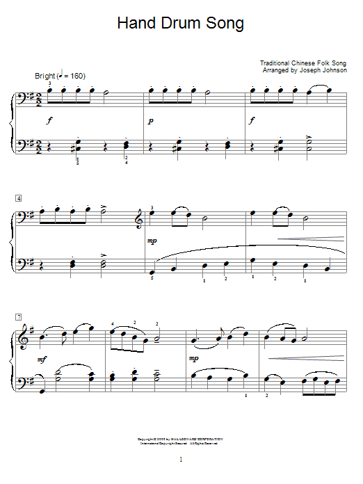 Chinese Folksong Hand Drum Song Sheet Music Notes & Chords for Educational Piano - Download or Print PDF
