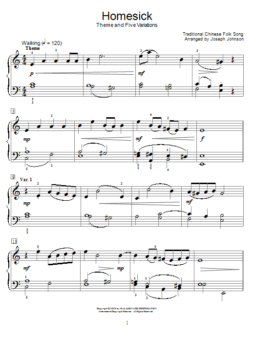 Chinese Folksong Homesick (Theme And Five Variations) Sheet Music Notes & Chords for Educational Piano - Download or Print PDF
