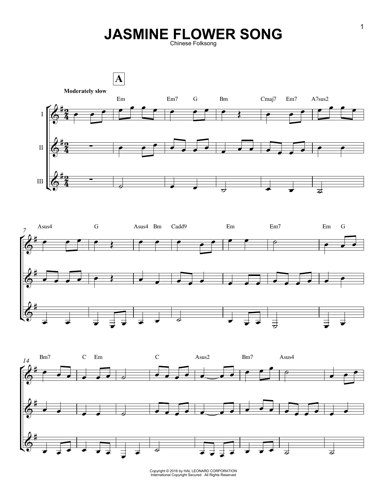 Chinese Folksong Jasmine Flower Song Sheet Music Notes & Chords for Guitar Ensemble - Download or Print PDF