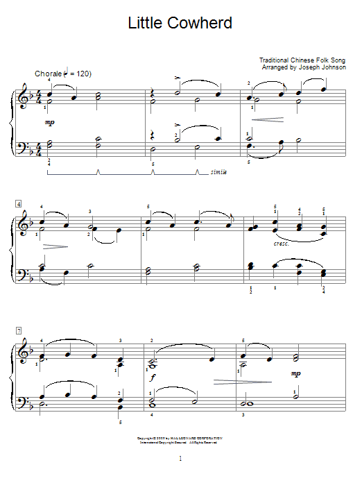 Chinese Folksong Little Cowherd Sheet Music Notes & Chords for Educational Piano - Download or Print PDF