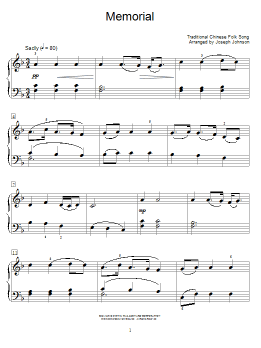 Chinese Folksong Memorial Sheet Music Notes & Chords for Educational Piano - Download or Print PDF