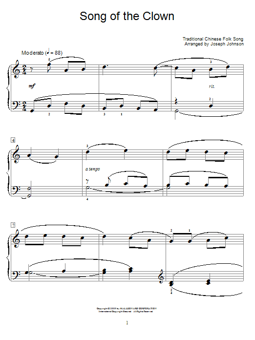 Chinese Folksong Song Of The Clown Sheet Music Notes & Chords for Educational Piano - Download or Print PDF