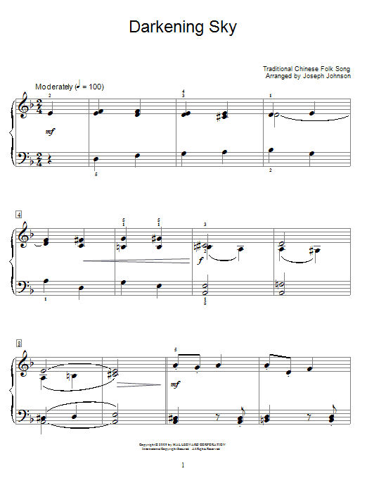 Preview Chinese Folksong Darkening Sky World sheet music, notes and chords for Educational Piano, SKU: 68039 Darkening Sky sheet music