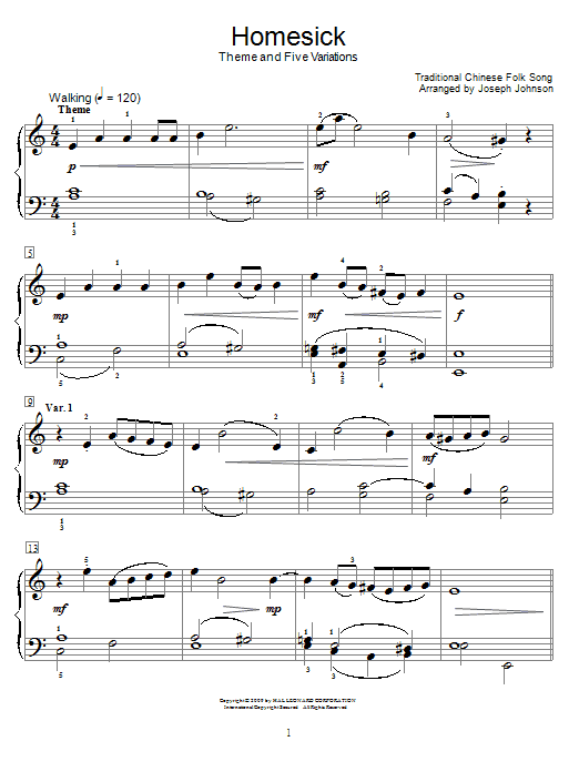 Preview Chinese Folksong Homesick (Theme And Five Variations) World sheet music, notes and chords for Educational Piano, SKU: 68037 Homesick (Theme And Five Variations) sheet music