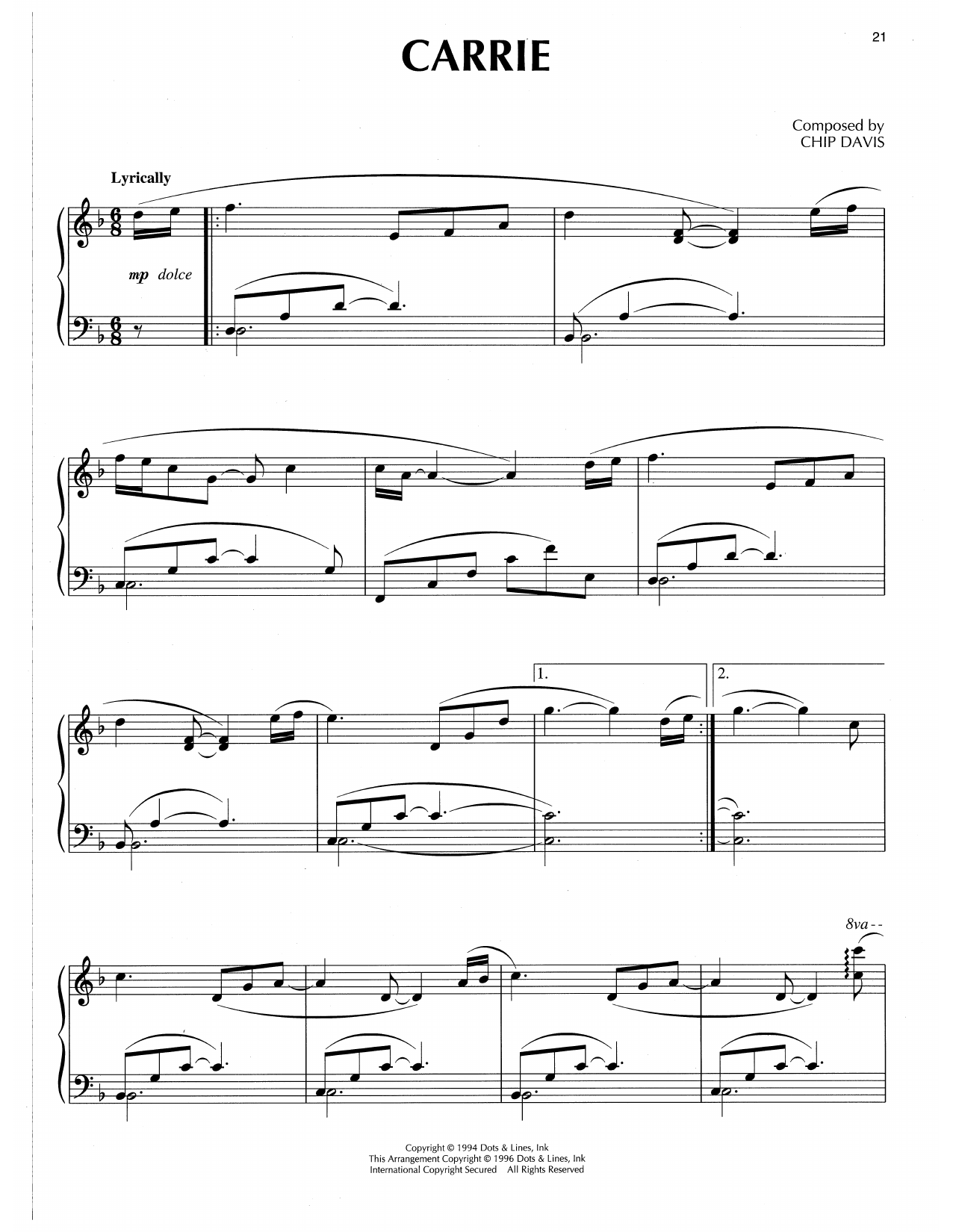 Chip Davis Carrie Sheet Music Notes & Chords for Piano Solo - Download or Print PDF