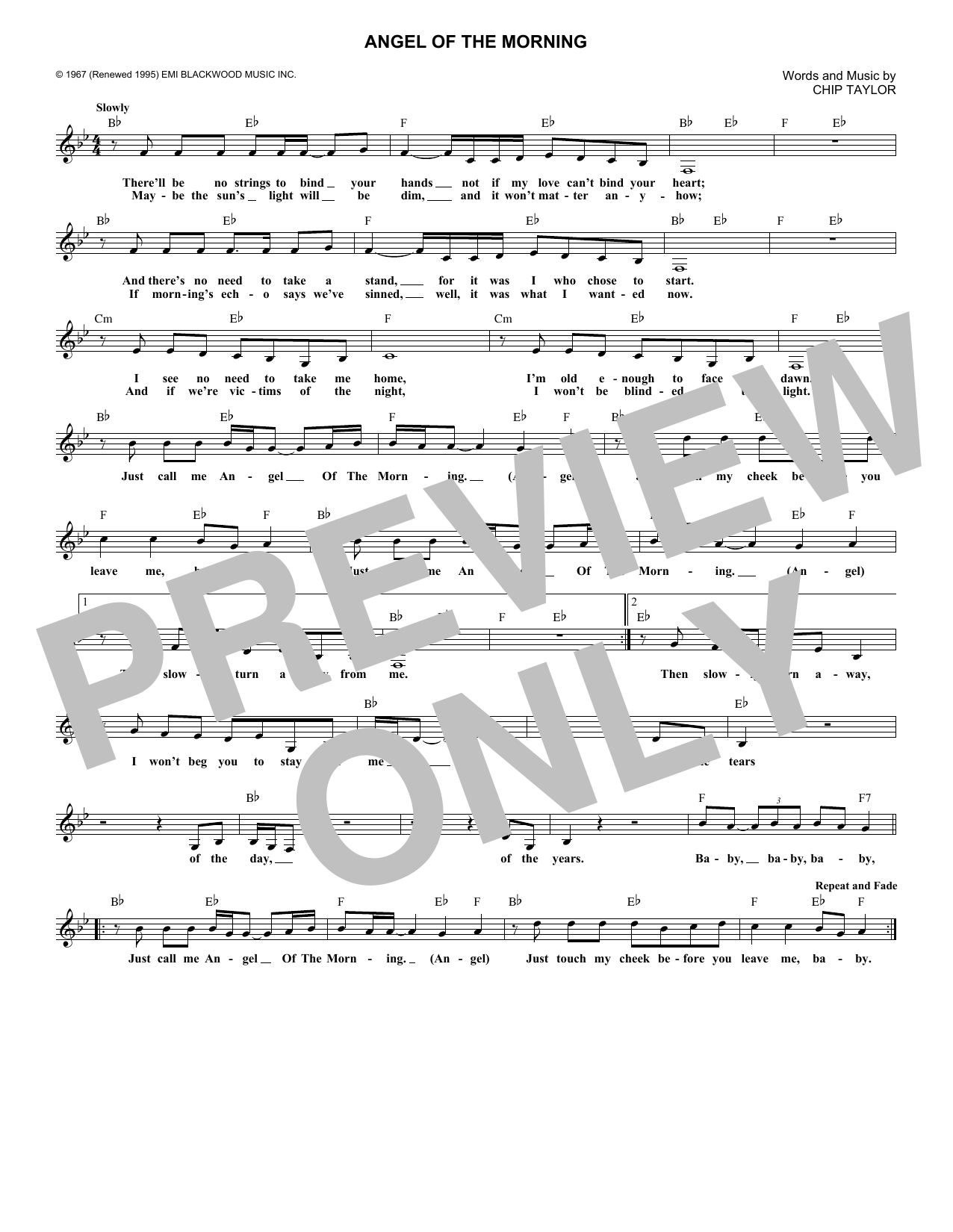 Chip Taylor Angel Of The Morning Sheet Music Notes & Chords for Melody Line, Lyrics & Chords - Download or Print PDF