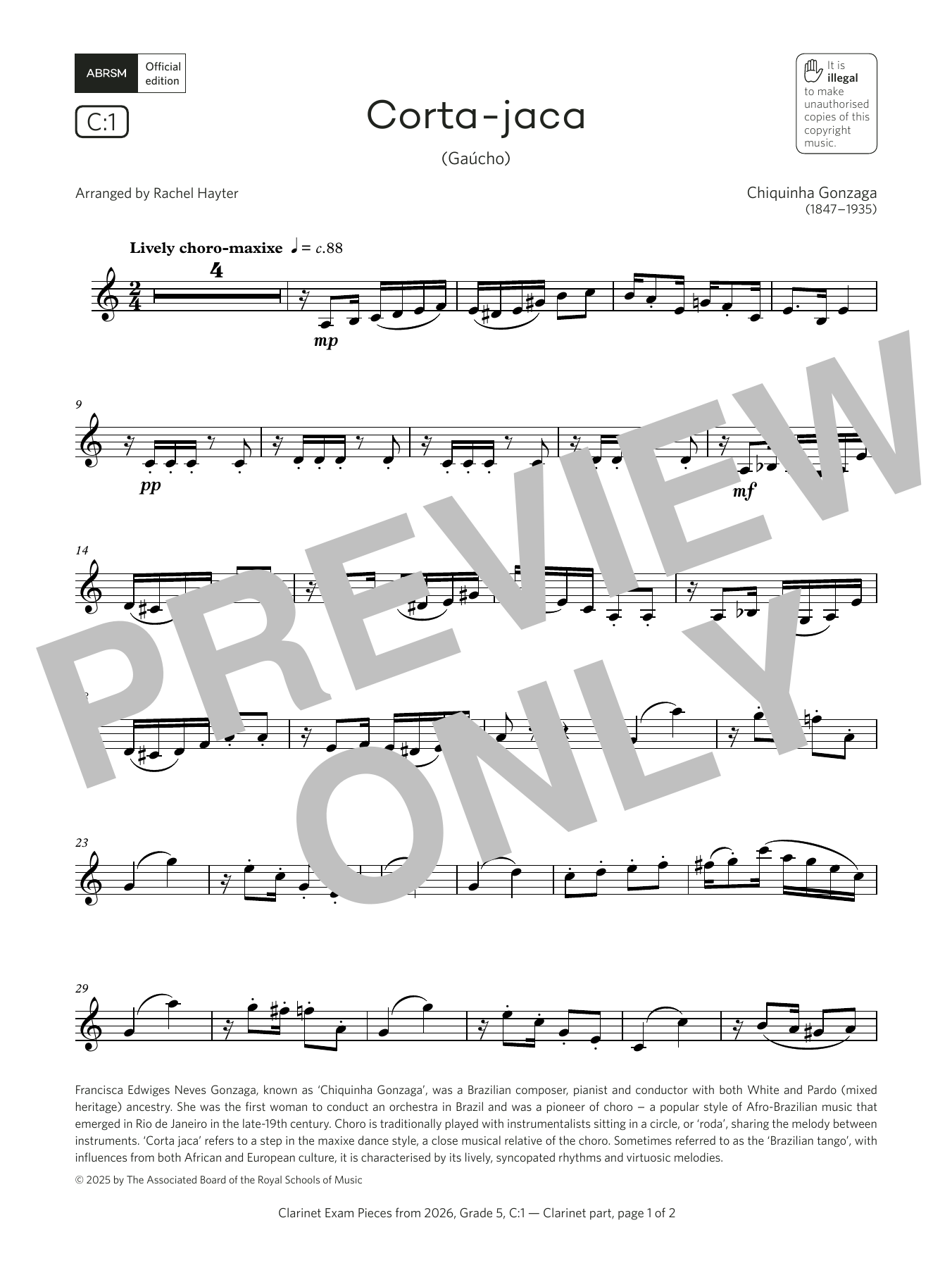 Chiquinha Gonzaga Corta-jaca (Grade 5, list C1, from the ABRSM Clarinet Syllabus from 2026) Sheet Music Notes & Chords for Clarinet Solo - Download or Print PDF Chiquinha Gonzaga Corta-jaca (Grade 5, list C1, from the ABRSM Clarinet Syllabus from 2026) Sheet Music Notes & Chords for Clarinet Solo - Download or Print PDF