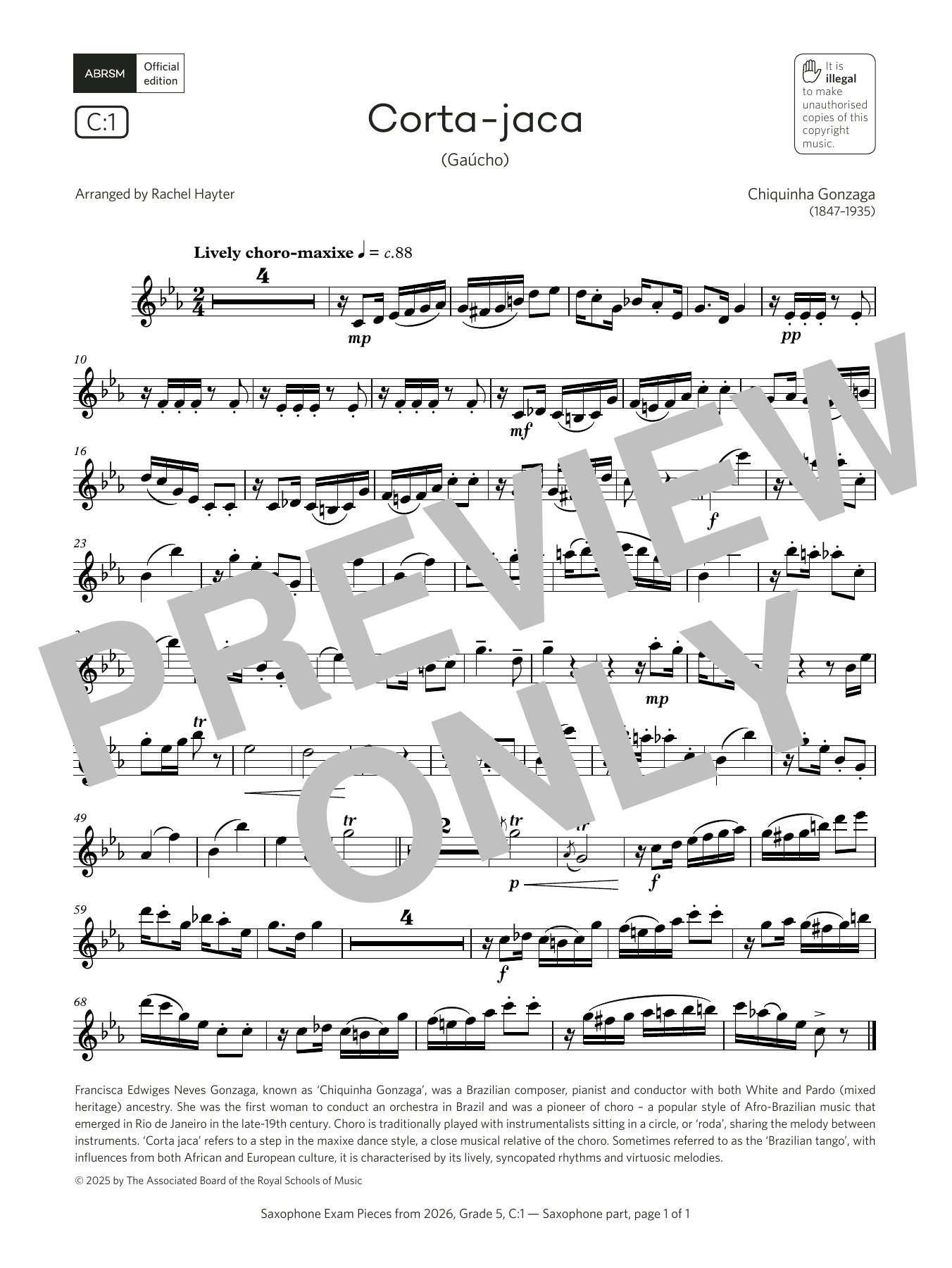 Chiquinha Gonzaga Corta-jaca (Grade 5, list C1, from the ABRSM Saxophone Syllabus from 2026) Sheet Music Notes & Chords for Alto Sax Solo - Download or Print PDF Chiquinha Gonzaga Corta-jaca (Grade 5, list C1, from the ABRSM Saxophone Syllabus from 2026) Sheet Music Notes & Chords for Alto Sax Solo - Download or Print PDF