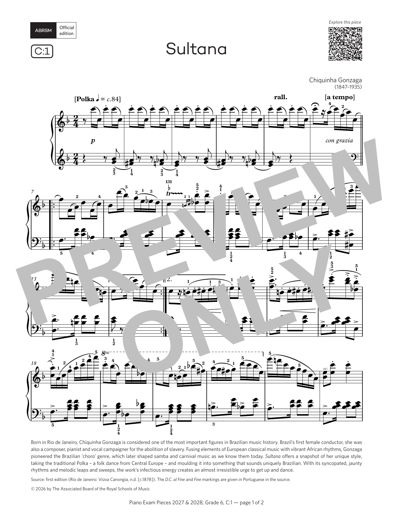 Chiquinha Gonzaga Sultana (Grade 6, list C1, from the ABRSM Piano Syllabus 2027 & 2028) Sheet Music Notes & Chords for Piano Solo - Download or Print PDF