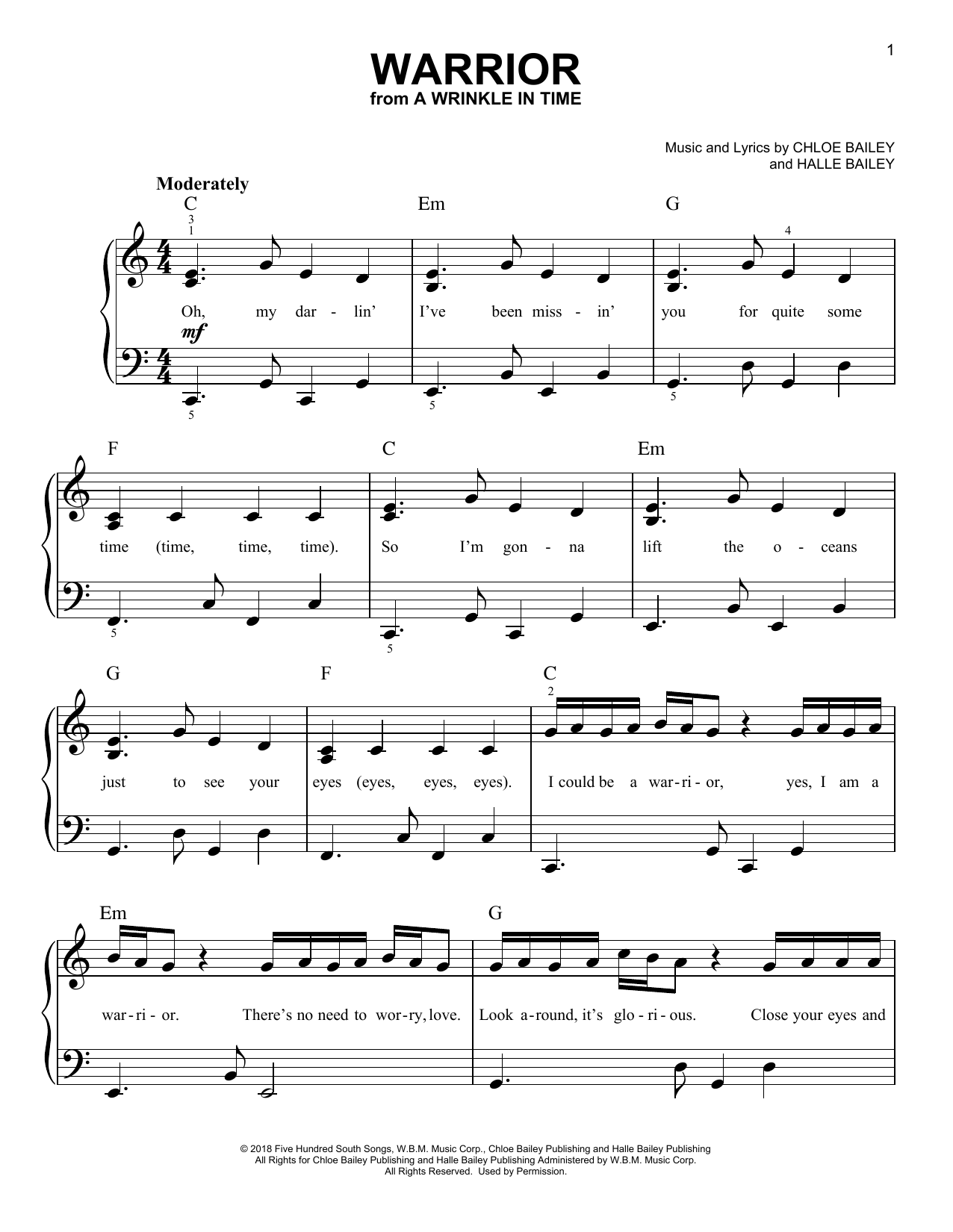 Chloe Bailey Warrior (from A Wrinkle In Time) Sheet Music Notes & Chords for Easy Piano - Download or Print PDF