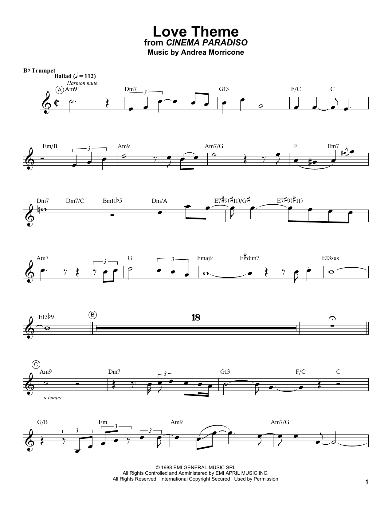 Chris Botti Love Theme (Tema D'Amore) Sheet Music Notes & Chords for Trumpet Transcription - Download or Print PDF