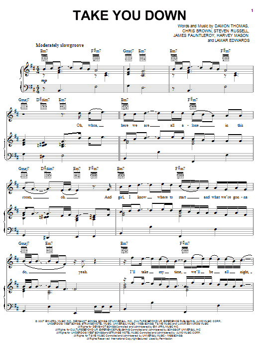 Chris Brown Take You Down sheet music notes and chords. Download Printable PDF.