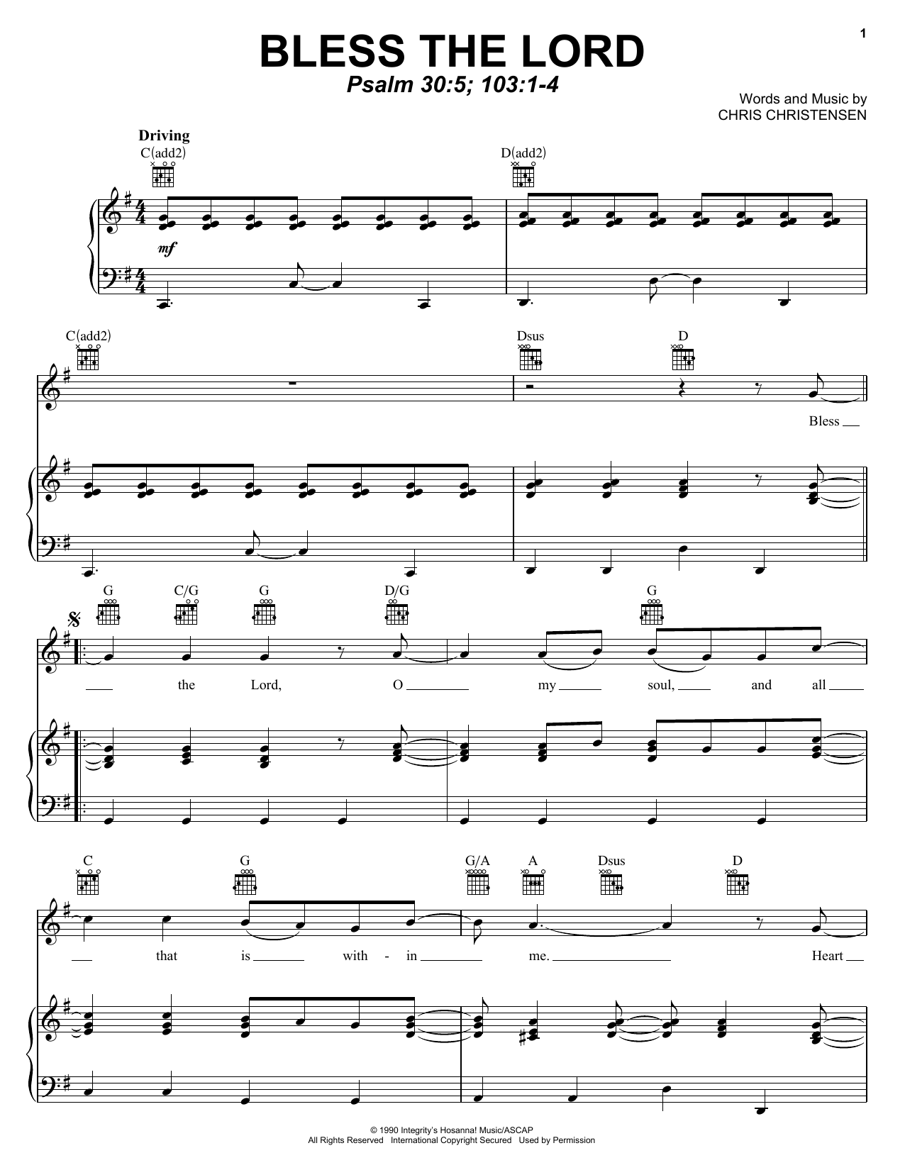 Chris Christensen Bless The Lord Sheet Music Notes & Chords for Piano, Vocal & Guitar Chords (Right-Hand Melody) - Download or Print PDF