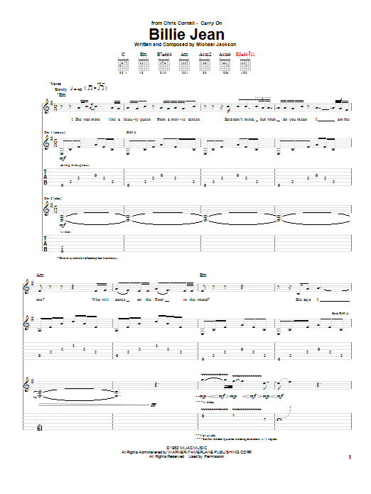 Chris Cornell Billie Jean Sheet Music Notes & Chords for Guitar Tab - Download or Print PDF