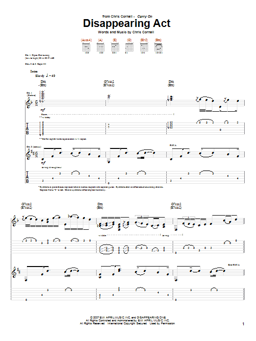 Chris Cornell Disappearing Act Sheet Music Notes & Chords for Guitar Tab - Download or Print PDF