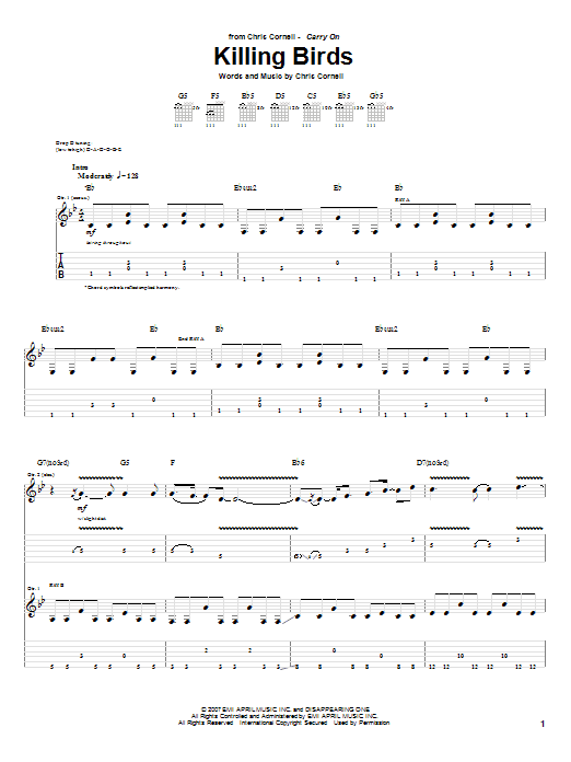 Chris Cornell Killing Birds Sheet Music Notes & Chords for Guitar Tab - Download or Print PDF