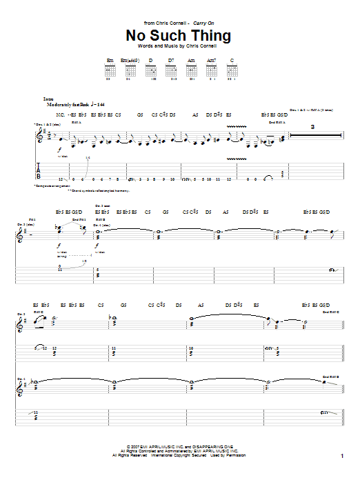Chris Cornell No Such Thing Sheet Music Notes & Chords for Guitar Tab - Download or Print PDF