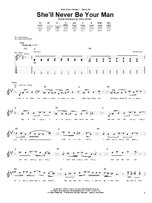 Chris Cornell She'll Never Be Your Man Sheet Music Notes & Chords for Guitar Tab - Download or Print PDF