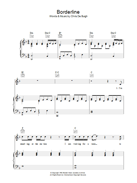Chris De Burgh Borderline Sheet Music Notes & Chords for Piano, Vocal & Guitar - Download or Print PDF