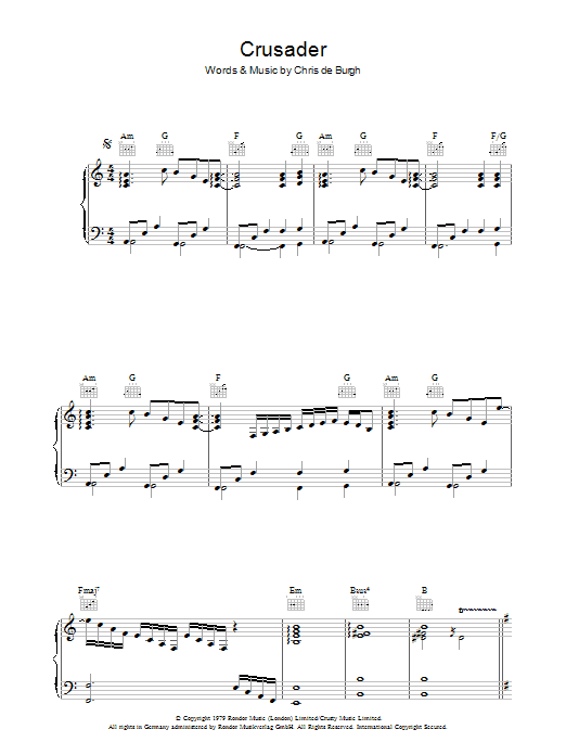 Chris de Burgh Crusader Sheet Music Notes & Chords for Piano, Vocal & Guitar (Right-Hand Melody) - Download or Print PDF