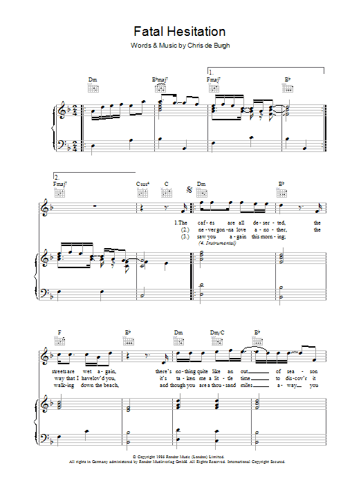 Chris de Burgh Fatal Hesitation Sheet Music Notes & Chords for Piano, Vocal & Guitar - Download or Print PDF