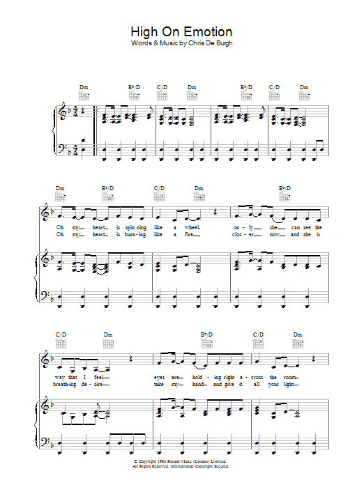 Chris De Burgh High On Emotion Sheet Music Notes & Chords for Piano, Vocal & Guitar (Right-Hand Melody) - Download or Print PDF