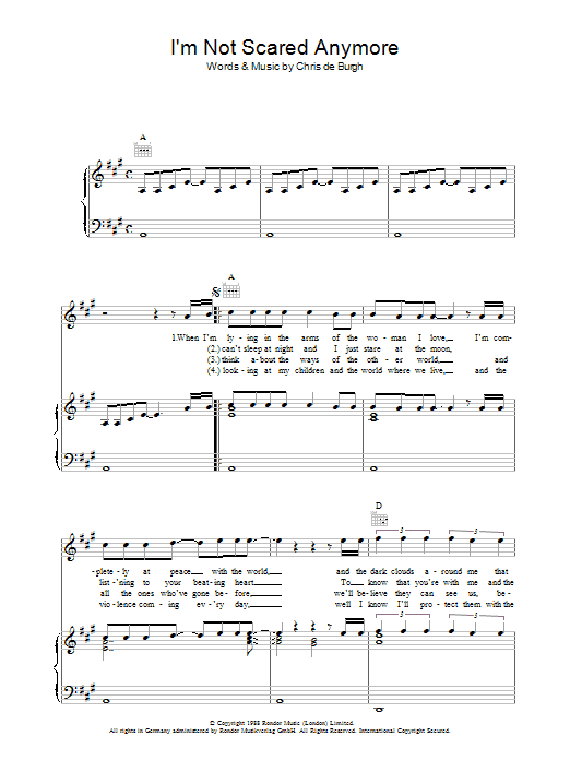 Chris de Burgh I'm Not Scared Anymore Sheet Music Notes & Chords for Piano, Vocal & Guitar (Right-Hand Melody) - Download or Print PDF