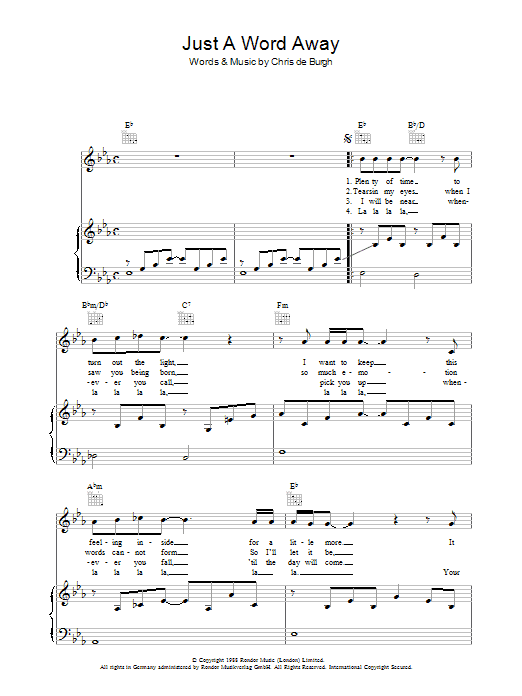 Chris de Burgh Just A Word Away Sheet Music Notes & Chords for Piano, Vocal & Guitar - Download or Print PDF
