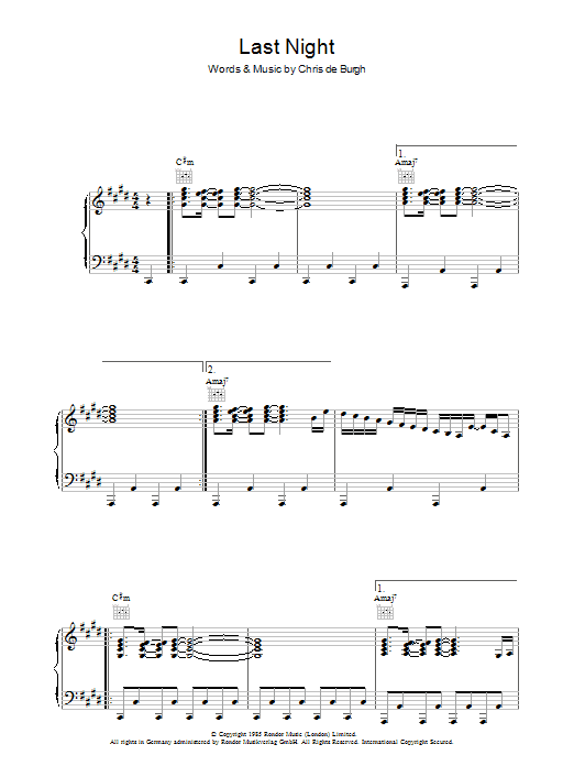 Chris de Burgh Last Night Sheet Music Notes & Chords for Piano, Vocal & Guitar - Download or Print PDF