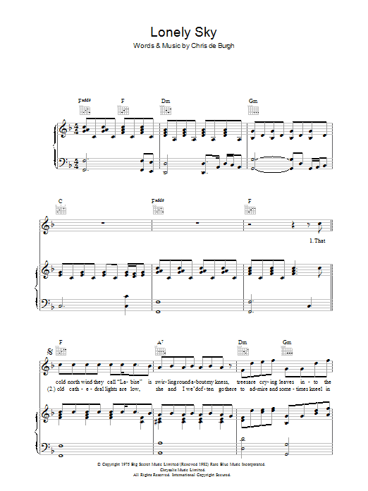 Chris de Burgh Lonely Sky Sheet Music Notes & Chords for Piano, Vocal & Guitar (Right-Hand Melody) - Download or Print PDF