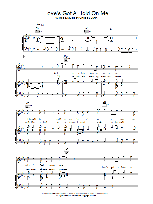 Chris De Burgh Love's Got A Hold On Me Sheet Music Notes & Chords for Piano, Vocal & Guitar (Right-Hand Melody) - Download or Print PDF