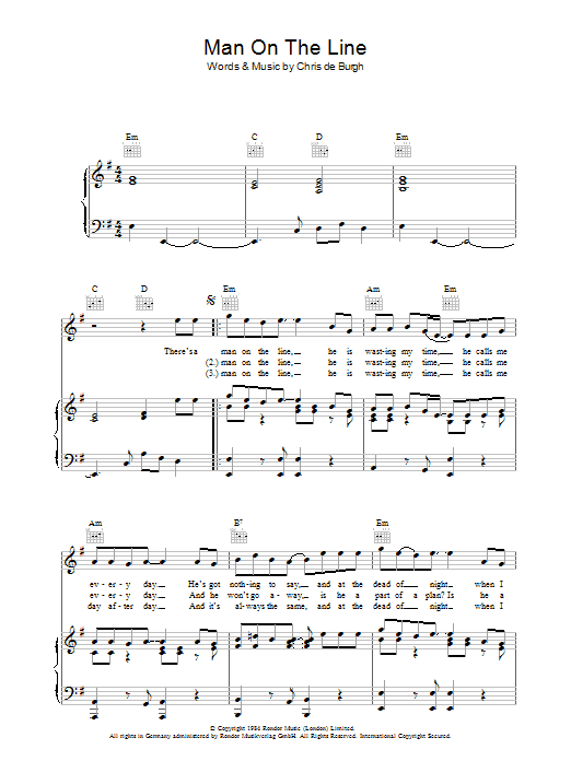 Chris de Burgh Man On The Line Sheet Music Notes & Chords for Piano, Vocal & Guitar (Right-Hand Melody) - Download or Print PDF