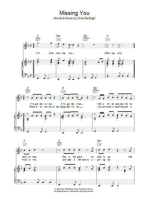 Chris De Burgh Missing You Sheet Music Notes & Chords for Piano, Vocal & Guitar (Right-Hand Melody) - Download or Print PDF