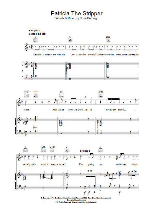 Chris De Burgh Patricia The Stripper Sheet Music Notes & Chords for Piano, Vocal & Guitar - Download or Print PDF