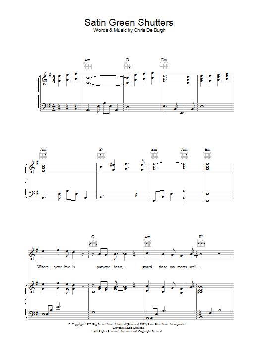 Chris De Burgh Satin Green Shutters Sheet Music Notes & Chords for Piano, Vocal & Guitar (Right-Hand Melody) - Download or Print PDF