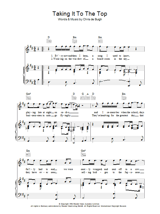Chris de Burgh Taking It To The Top Sheet Music Notes & Chords for Piano, Vocal & Guitar (Right-Hand Melody) - Download or Print PDF