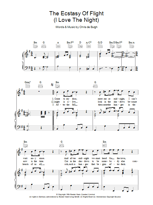 Chris de Burgh The Ecstasy Of Flight (I Love The Night) Sheet Music Notes & Chords for Piano, Vocal & Guitar (Right-Hand Melody) - Download or Print PDF