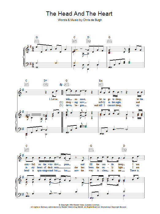 Chris de Burgh The Head And The Heart Sheet Music Notes & Chords for Piano, Vocal & Guitar (Right-Hand Melody) - Download or Print PDF